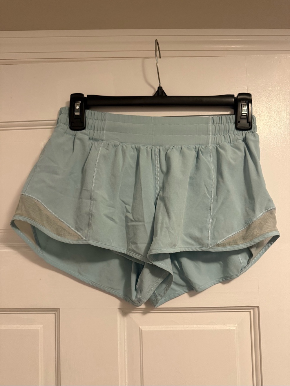 lululemon athletica light blue running shorts with mesh panels